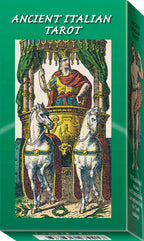 Tarot card box with illustration of a tarot card featuring a figure and horses, labeled 'Ancient Italian Tarot'.
