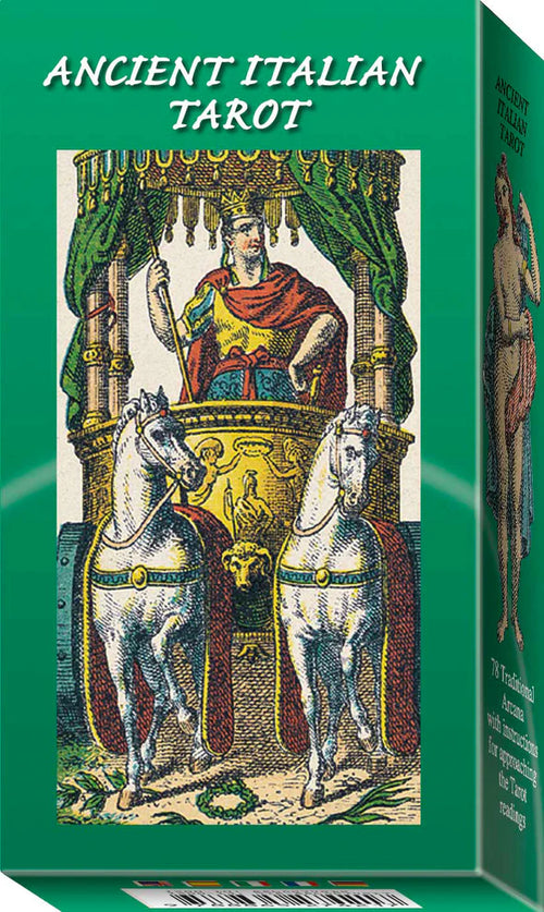 Tarot card box with illustration of a tarot card featuring a figure and horses, labeled 'Ancient Italian Tarot'.