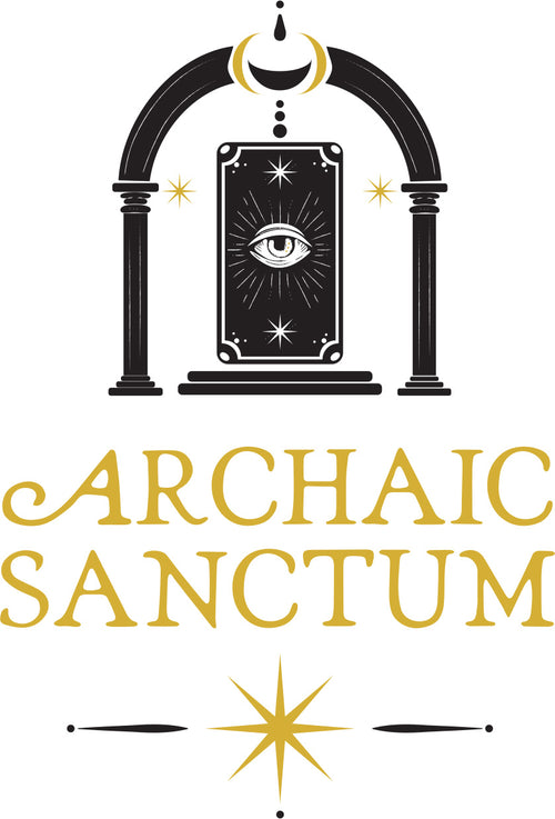 A graphic logo featuring a black tarot card with an all-seeing eye under a black arch with gold accents, above the words 'ARCHAIC SANCTUM' in gold serif lettering on a white background.