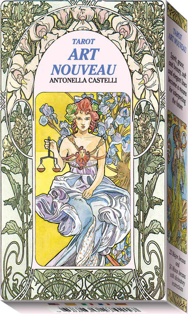 Art Nouveau tarot card set packaging with decorative border and illustration of a woman.