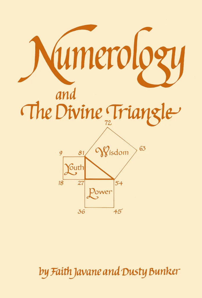 Book cover of 'Numerology and The Divine Triangle' with mathematical symbols and text on a beige background.
