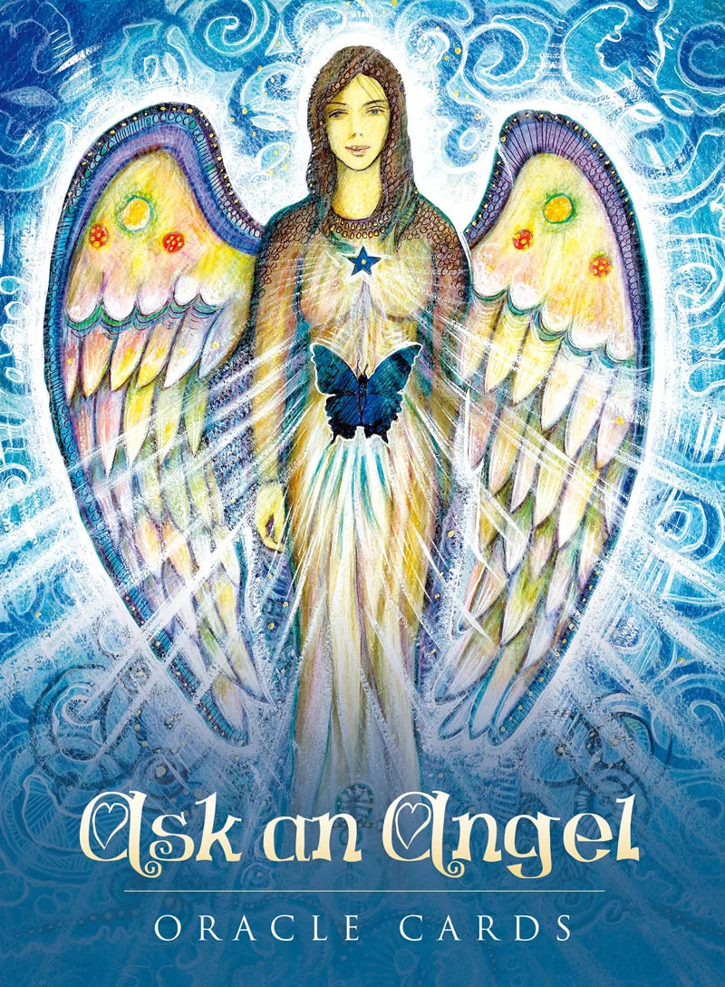 Oracle card with an angel illustration and text 'Ask an Angel Oracle Cards' on a blue background
