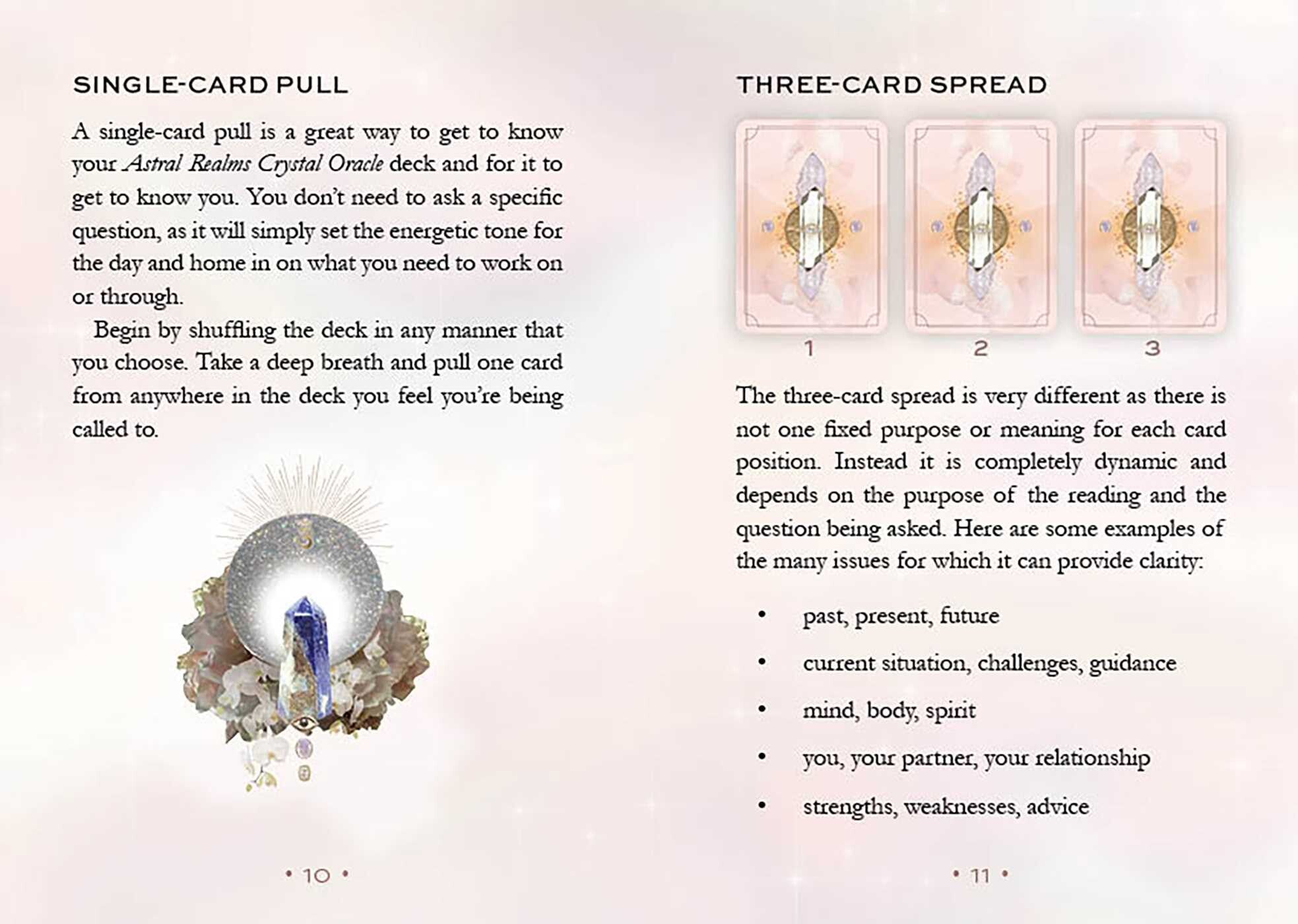 Instructions on using a tarot deck with images of cards and text explaining single-card pulls and three-card spreads.