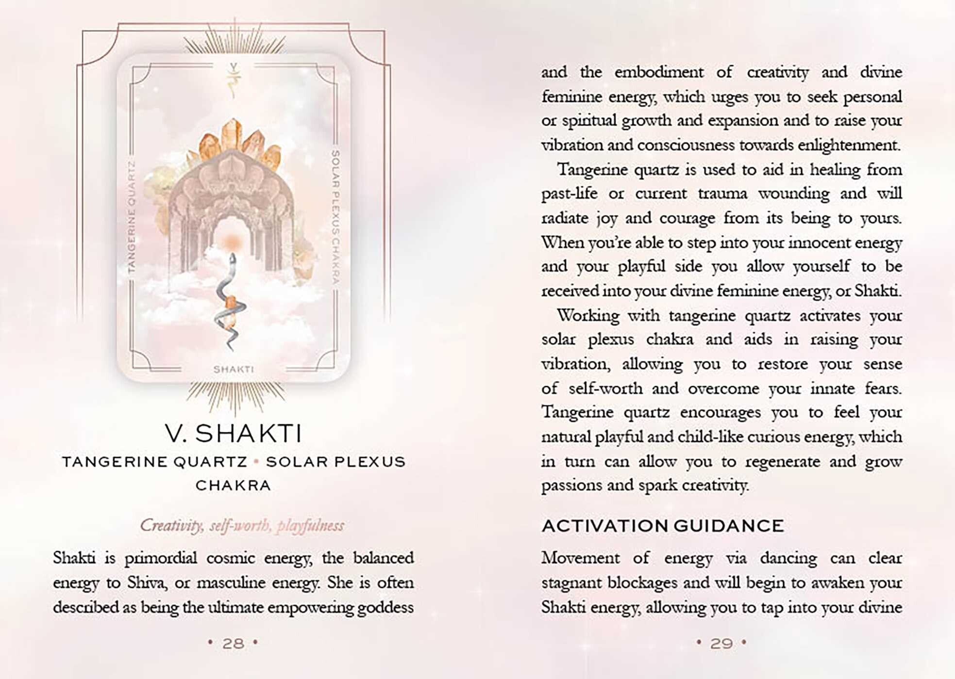 Page from a book or magazine featuring an illustration of Shakti and text about Tangerine Quartz and its energy.