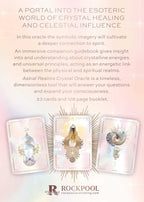 Advertisement for Astral Realms Crystal Oracle with three tarot cards on a soft pink background.