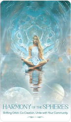 Woman in a light blue dress sitting in a meditative pose with a celestial design above her, titled 'Harmony of the Spheres'.