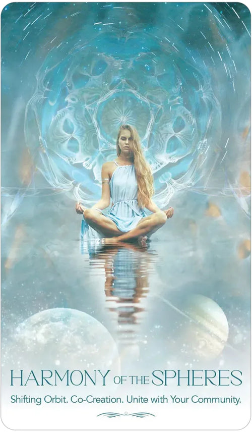 Woman in a light blue dress sitting in a meditative pose with a celestial design above her, titled 'Harmony of the Spheres'.