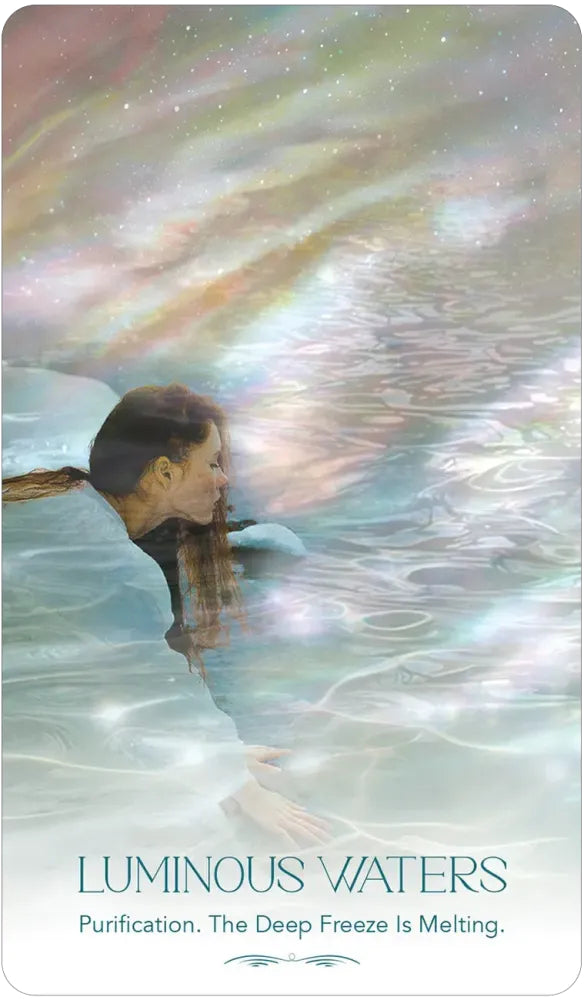 Person underwater with a rainbow above, text 'Luminous Waters' at the bottom.