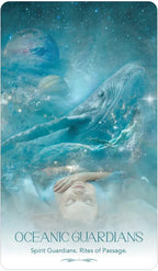 Card with a whale and child underwater, titled 'Oceanic Guardians'.