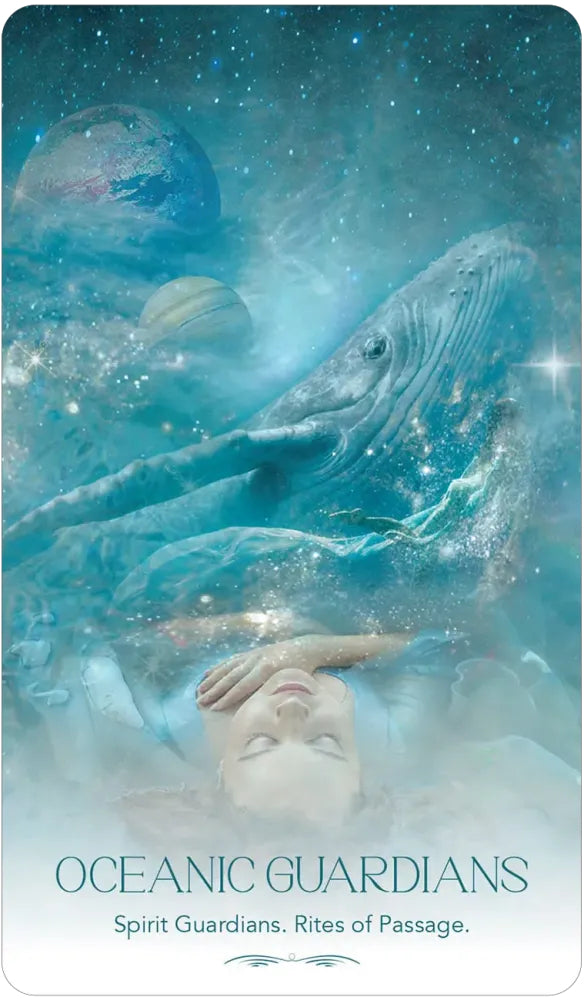 Card with a whale and child underwater, titled 'Oceanic Guardians'.