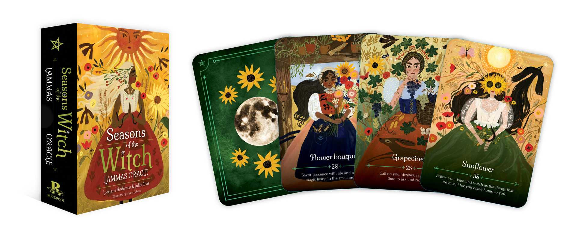 Card game box and cards titled 'Seasons of the Witch' on a white background