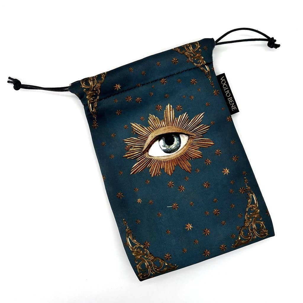 Drawstring bag with eye design and star patterns on a white background