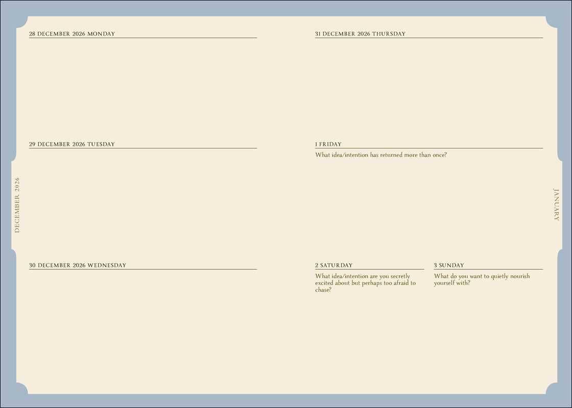 Calendar layout with text boxes for dates and questions on a light blue border