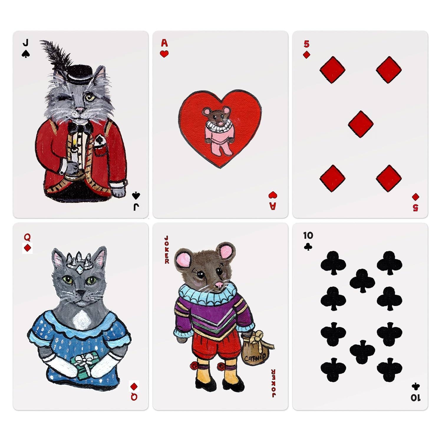 Set of playing cards with animal characters on a white background