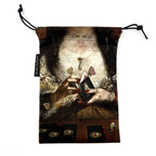 Drawstring bag with a design of a person's hands holding playing cards against a white background