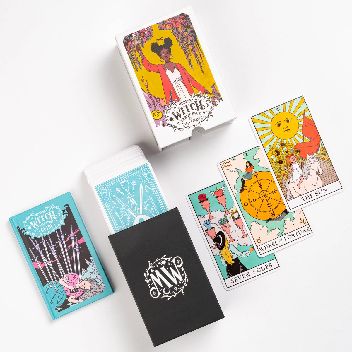 Witch Tarot cards with colorful designs on a white background