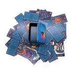 Collection of colorful trading cards with a central black card featuring a multicolored design.