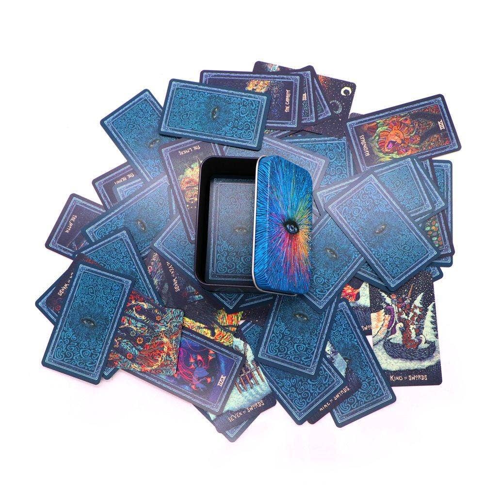 Collection of colorful trading cards with a central black card featuring a multicolored design.