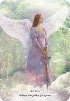Woman with angel wings holding a sword in a forest setting, with text 'I Ariel Embrace your goddess given power'.