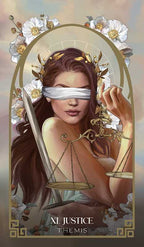 Illustration of the tarot card 'Justice' featuring a blindfolded woman with scales.