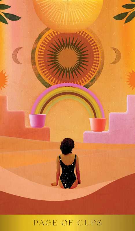 Illustration of a person sitting on a beach with colorful abstract designs above them, titled 'Page of Cups'.