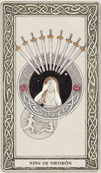 Nine of Swords tarot card with a woman covering her eyes and swords pointing upwards.