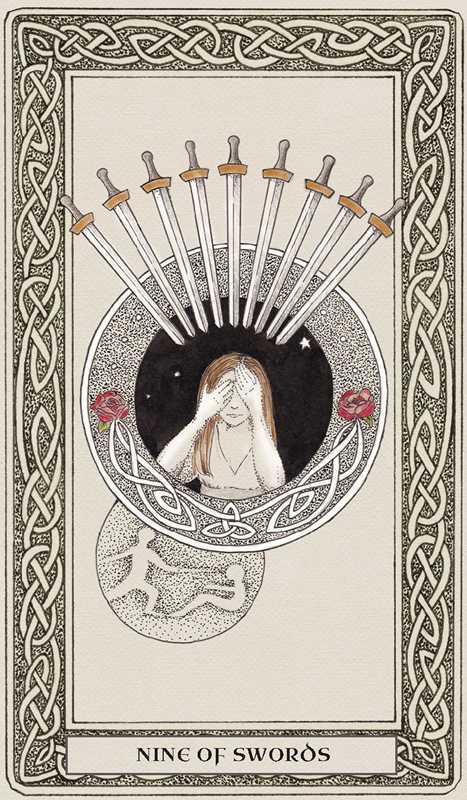 Nine of Swords tarot card with a woman covering her eyes and swords pointing upwards.