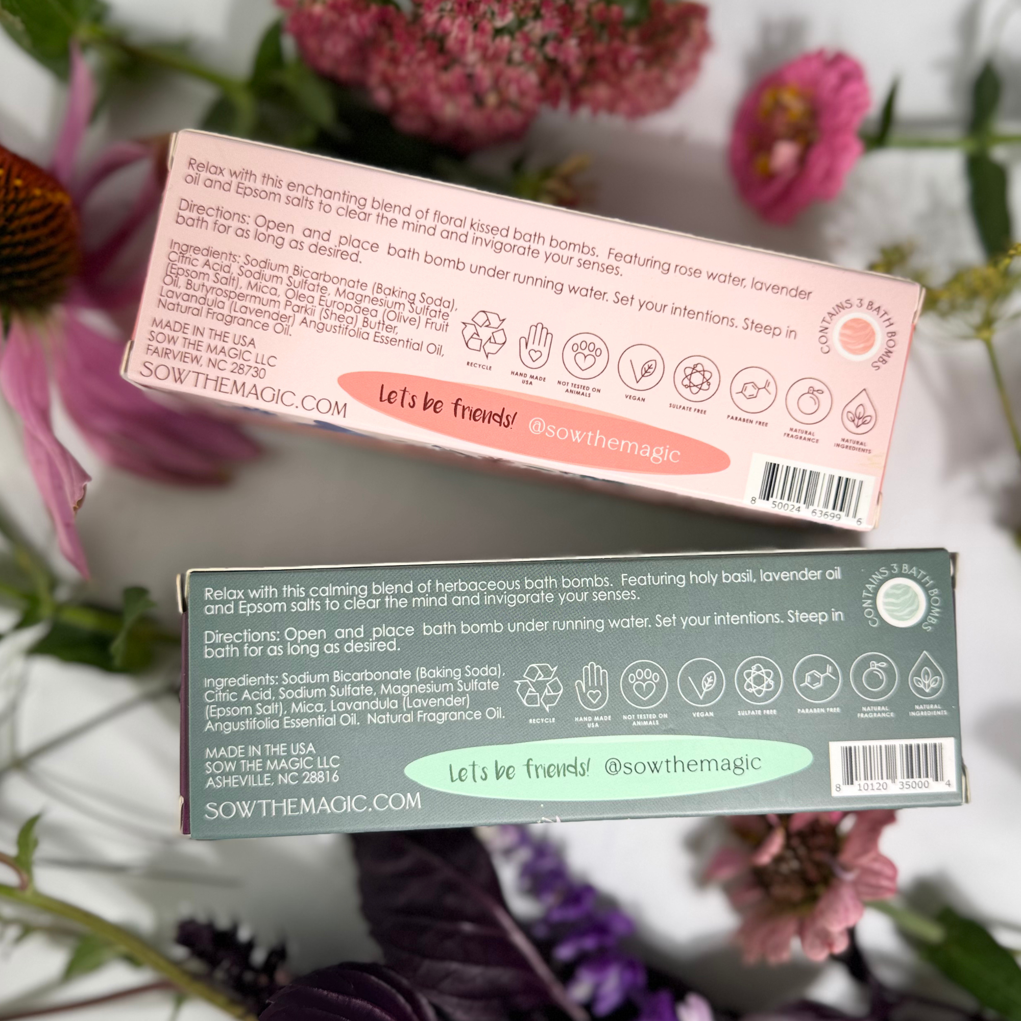 Two boxes of 'Sow the Magic' bath bombs with floral background