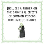 Illustration of a woman holding a book with text about a primer on common poisons throughout history.