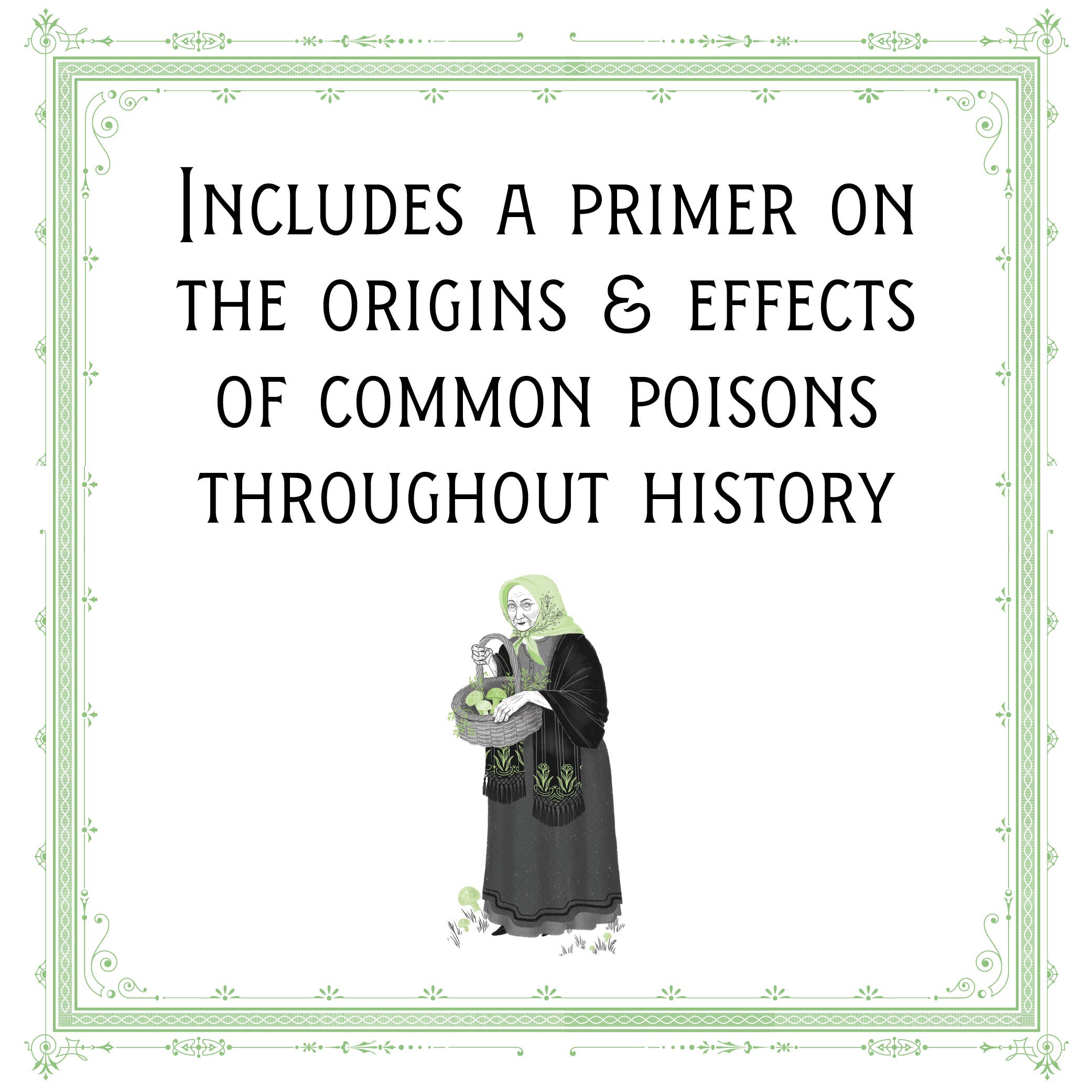Illustration of a woman holding a book with text about a primer on common poisons throughout history.