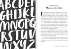 Book page with a typographic design of letters and text on a white background