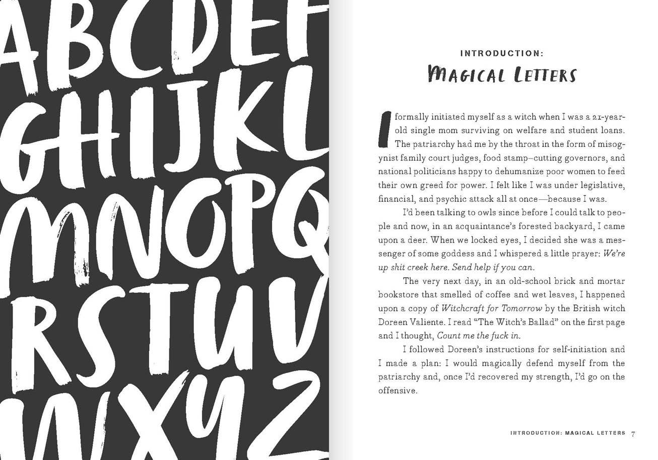 Book page with a typographic design of letters and text on a white background