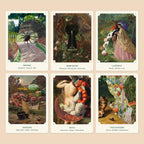 Set of tarot cards with various illustrations and titles on a beige background