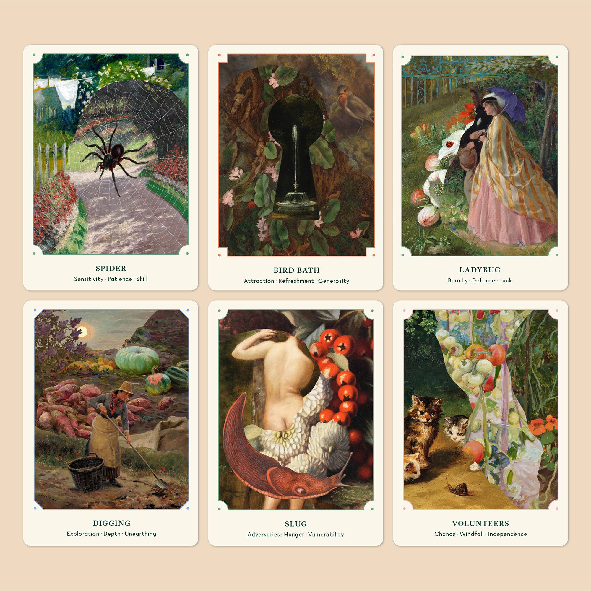 Set of tarot cards with various illustrations and titles on a beige background