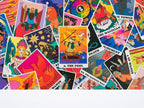 Collage of colorful tarot cards with various symbols and text.