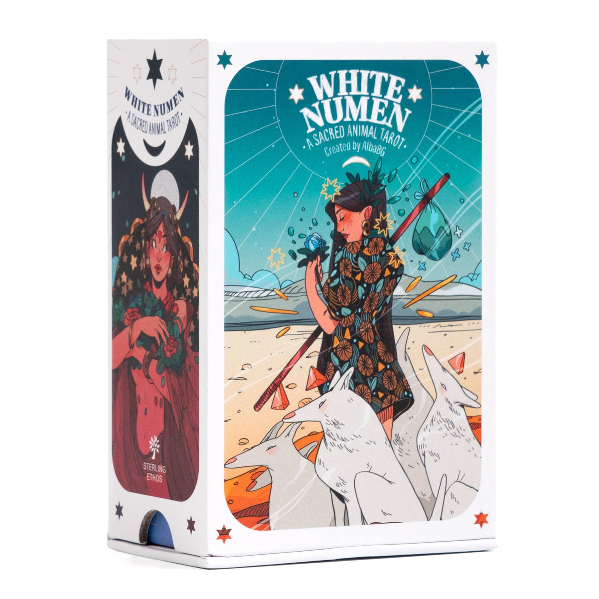 White Numen tarot card box with illustrations of characters and animals on a white background