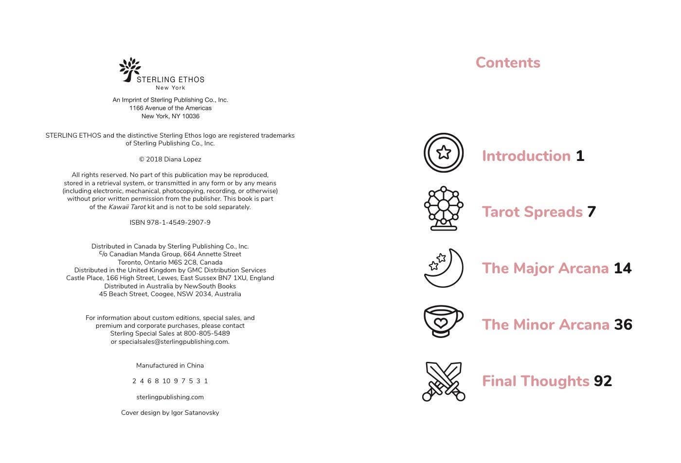 Table of contents page for a book or publication by Sterling Ethos with icons and page numbers.