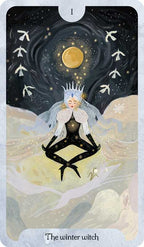 Tarot card featuring a 'winter witch' with a moon and stars in the background