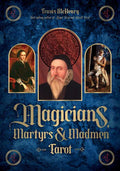 Book cover of 'Magicians, Martyrs & Madmen Tarot' with portraits and tarot card design on a blue background.