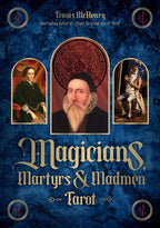 Book cover of 'Magicians, Martyrs & Madmen Tarot' with portraits and tarot card design on a blue background.