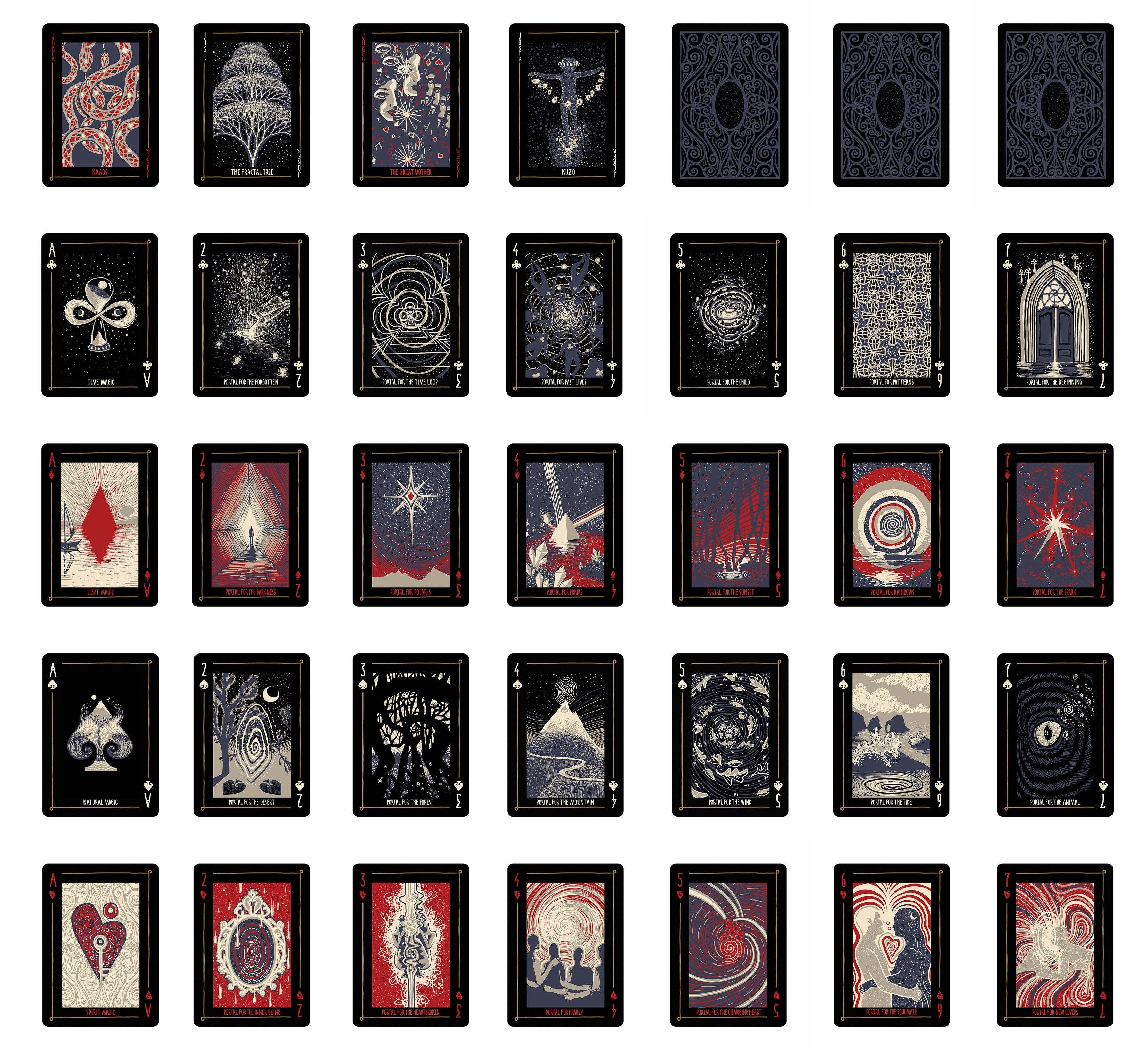 A 4x8 grid of illustrated tarot-style cards shown against a plain white background. The cards feature dark, mystical artwork in black, red, and cream tones, including abstract symbols, celestial motifs, and gothic scenes.