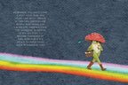 Illustration of a character with a mushroom hat walking on a rainbow, with text on a textured blue background.