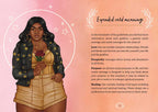 Illustration of a woman holding a rose with text on a pink background
