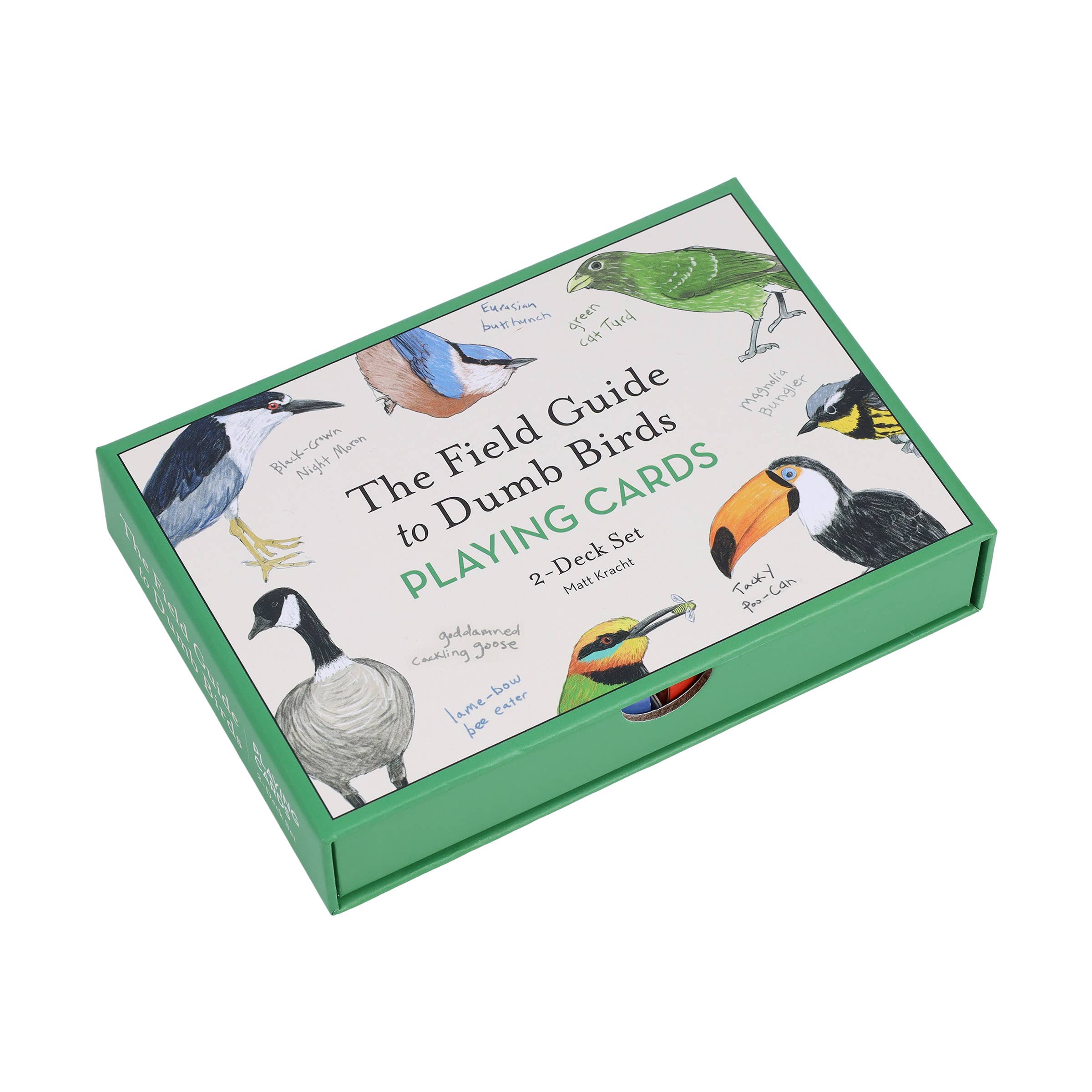 Box of 'The Field Guide to Dumb Birds' playing cards with bird illustrations on a white background.