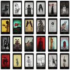 A 4x4 grid of illustrated tarot-style cards with black borders and varied artistic imagery, including monochrome portraits, a red dress, a horn, a wolf, and figures in dramatic scenes. Card titles are visible at the bottom of each card.
