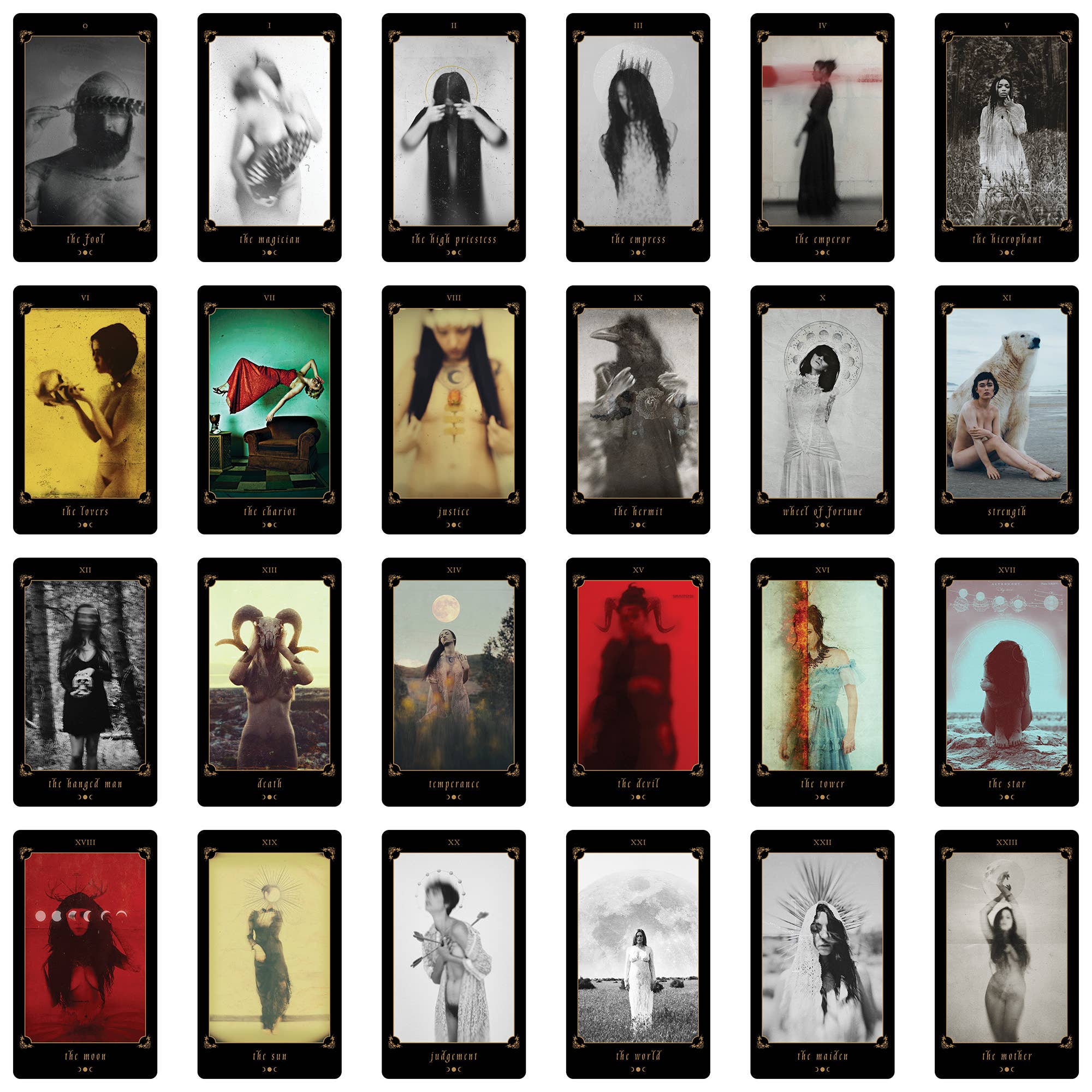 A 4x4 grid of illustrated tarot-style cards with black borders and varied artistic imagery, including monochrome portraits, a red dress, a horn, a wolf, and figures in dramatic scenes. Card titles are visible at the bottom of each card.