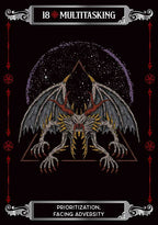 Illustration of a dragon-like creature with starry background and decorative elements on a black background.