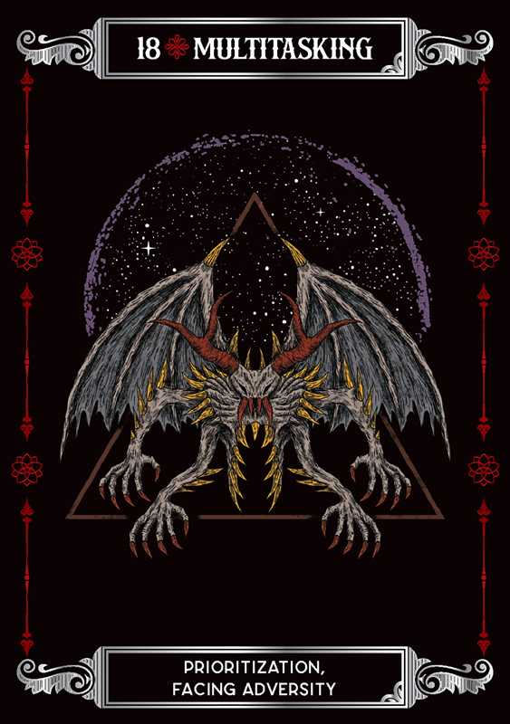 Illustration of a dragon-like creature with starry background and decorative elements on a black background.