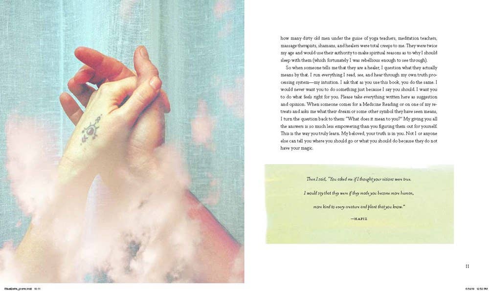 Two hands holding each other with a text overlay on a light blue background