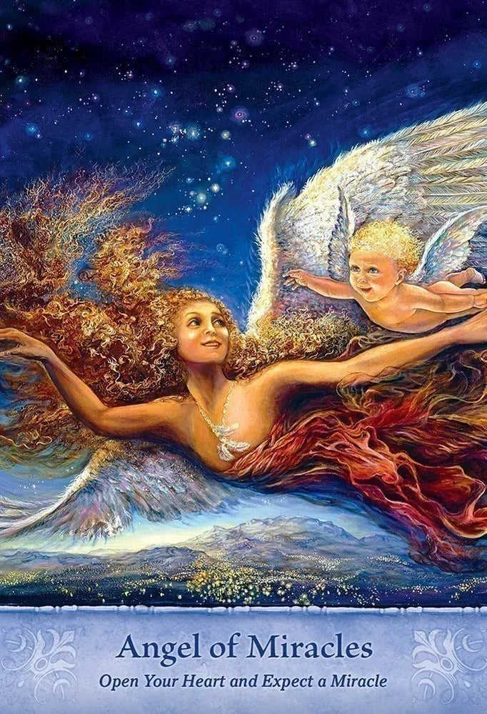 Artistic depiction of a woman with outstretched arms and an angel, set against a starry night sky.